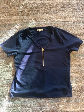Michael Kors Navy V-Neck Short Sleeve Top with Gold Zip